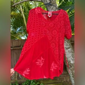 Johnny Was Red Embroidered Mixed-Panel Short Sleeve Tunic